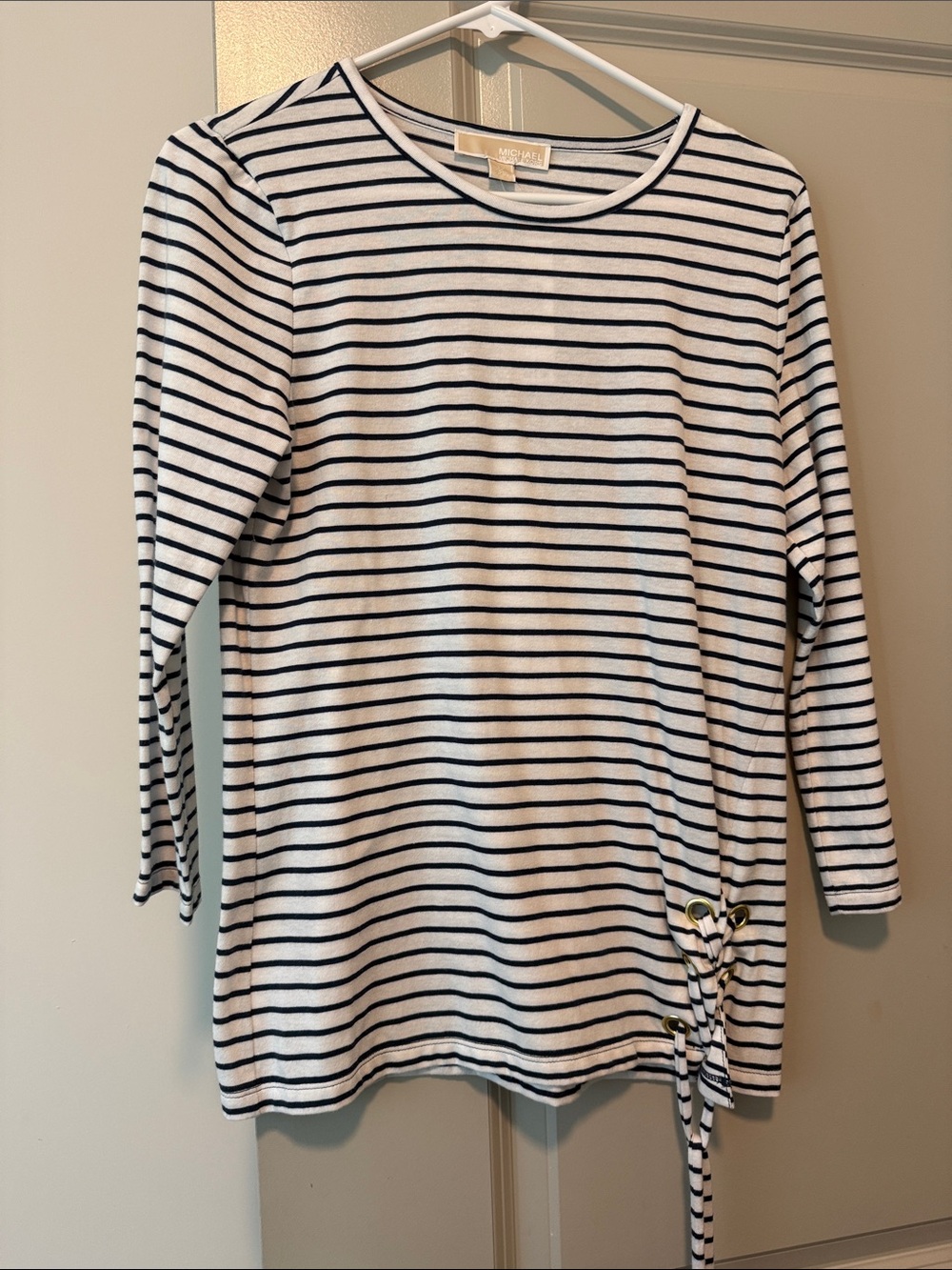 Michael Kors White and Black Striped Long Sleeve Side-Tie Top